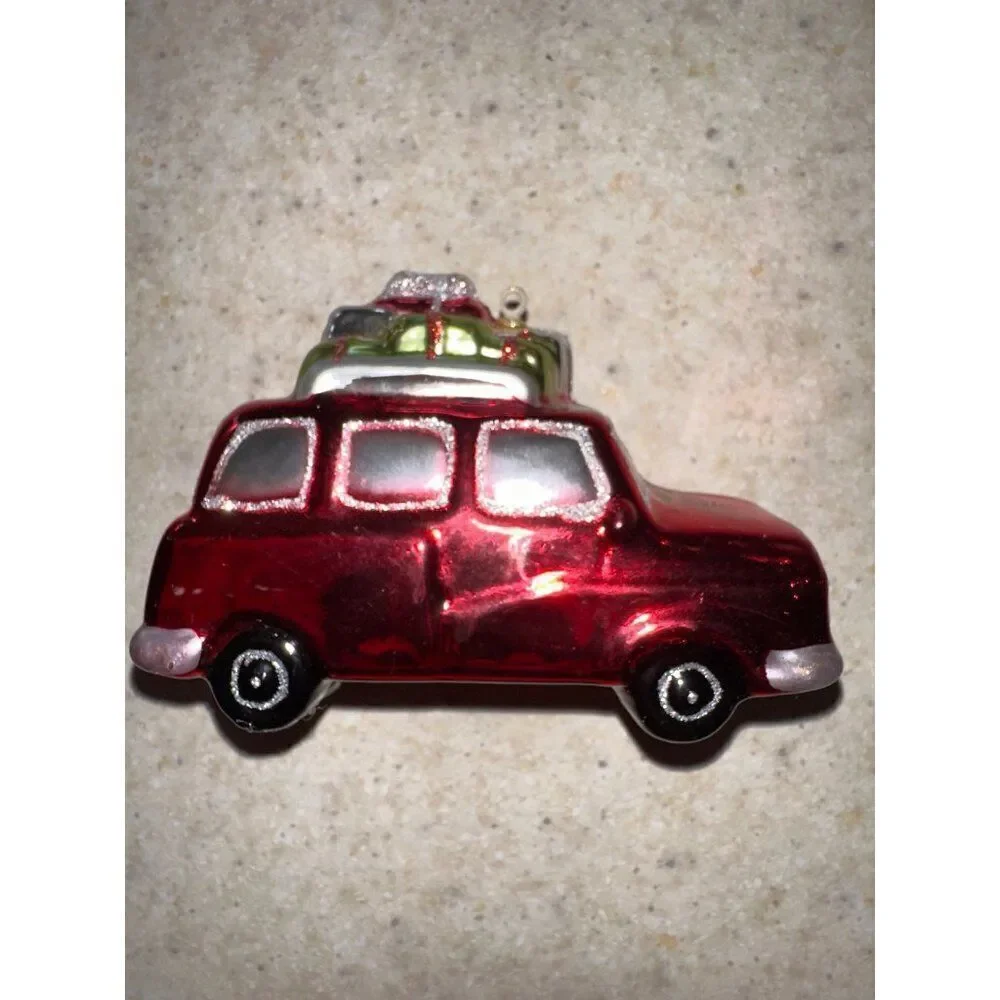 Santa Clause in Red Station Wagon Glass Handblown‎ Ornament